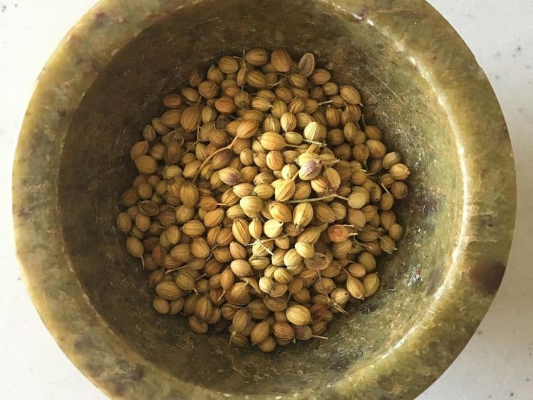 Whole coriander seeds in a stone mortar
