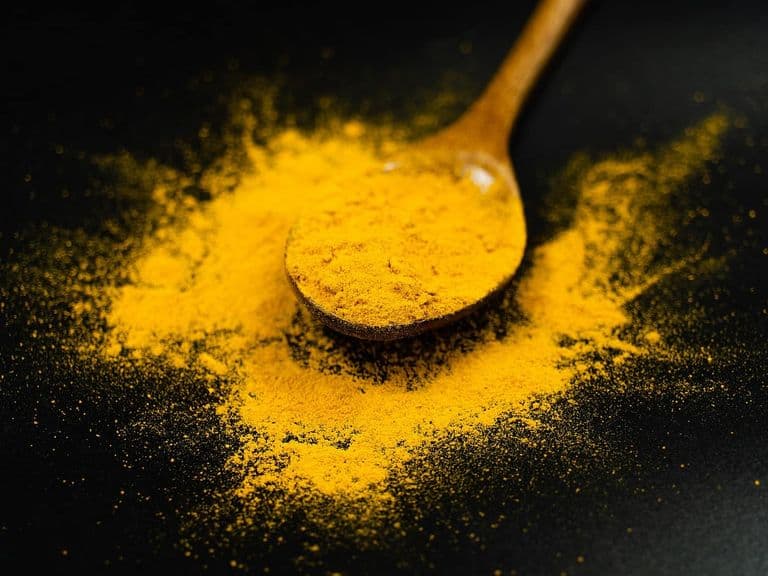 Ground turmeric on a wooden spoon